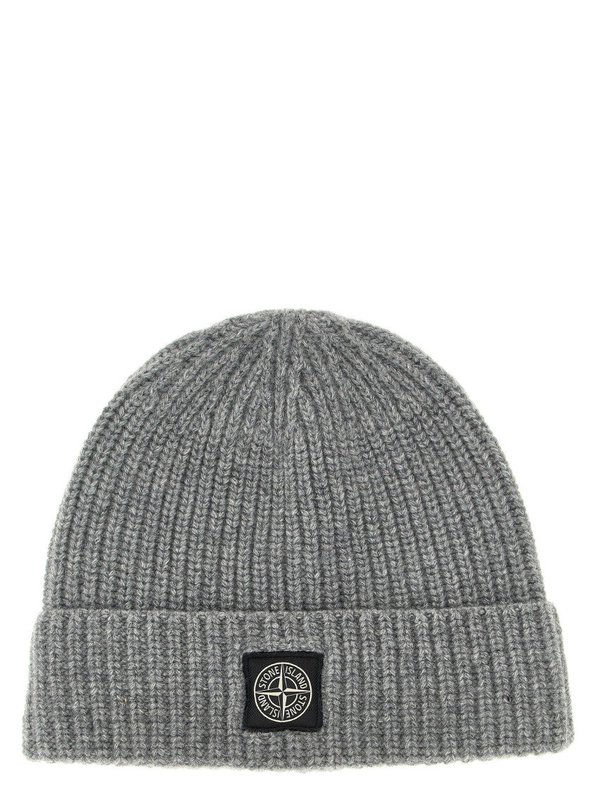 Stone Island Grey Ribbed Textured Beanie Hat In Gray