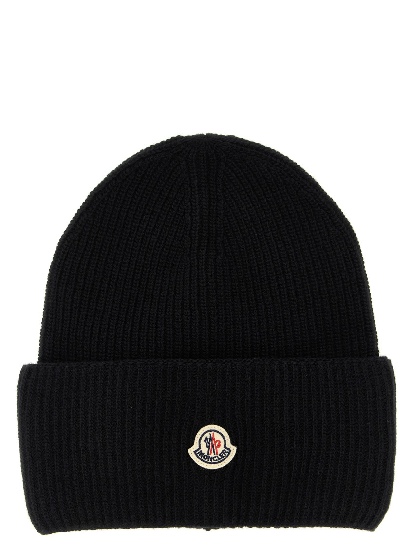 Moncler Ribbed Knit Carded Wool Beanie With Felt Logo Patch In Black