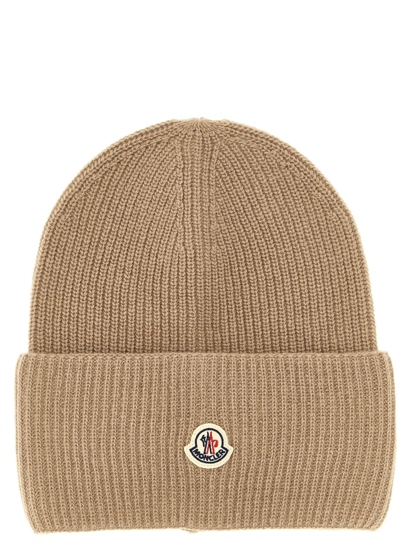 Moncler Ribbed Knit Wool Beanie With Felt Logo Patch In Brown