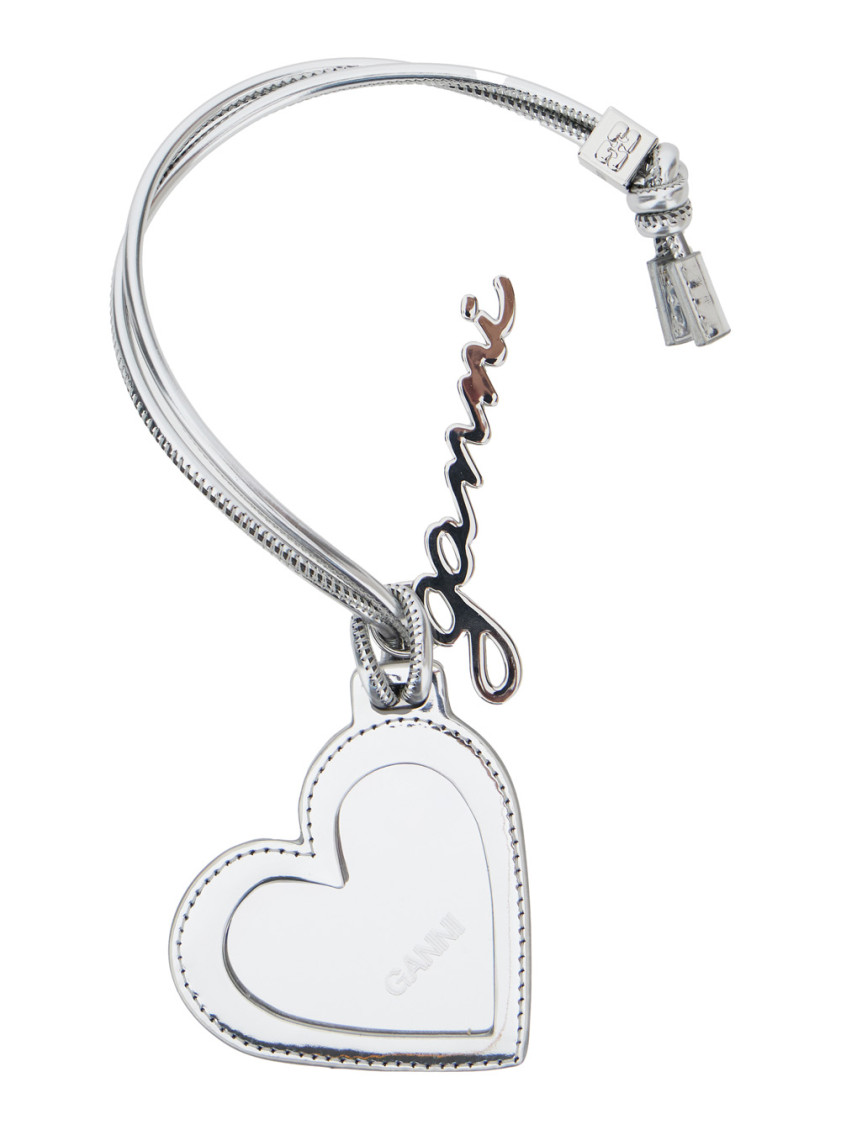 Ganni Bou Heart Metallic Mirror With Logo Lettering Pendant And Heart Charm In Metal Woman In Metallic