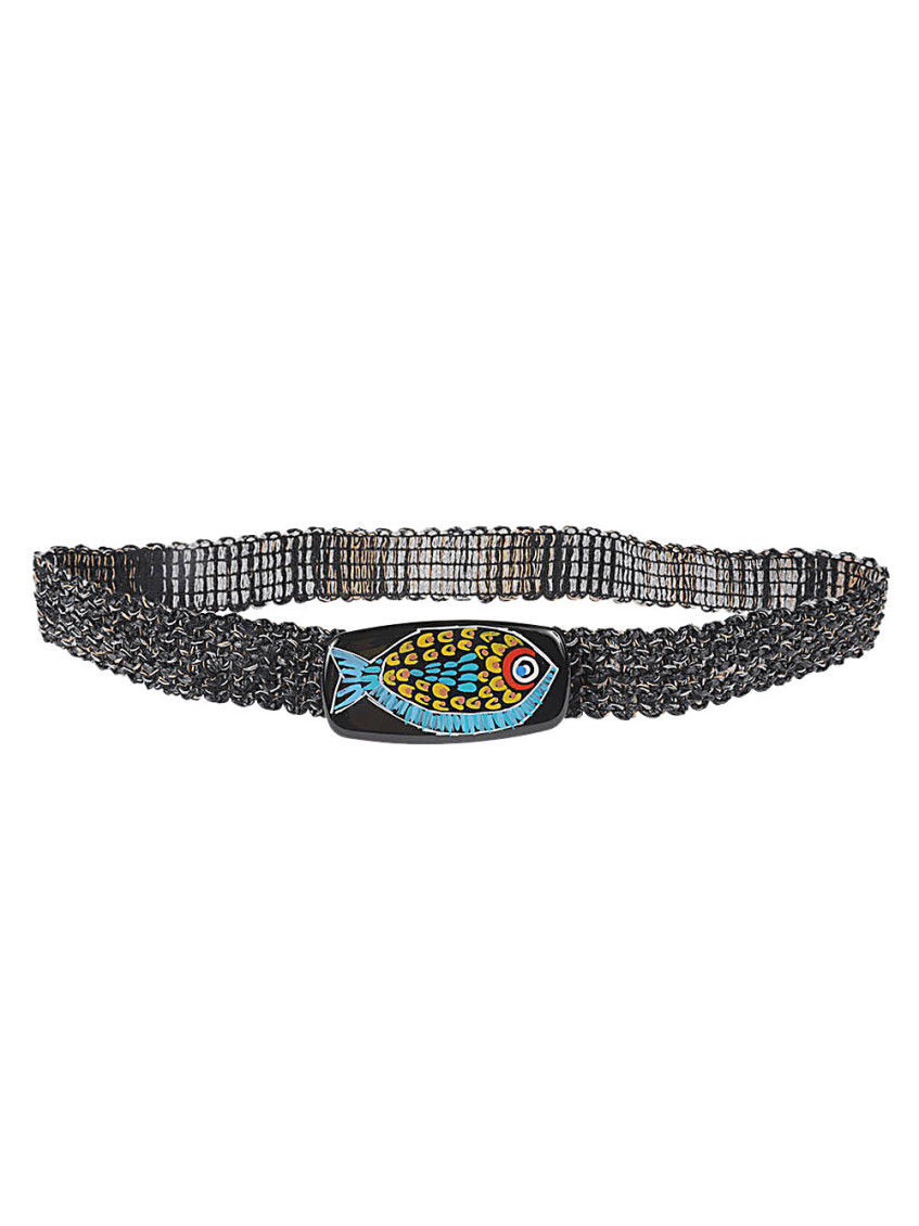 Exquisite J Raffia Belt With Painted Buckle In Black