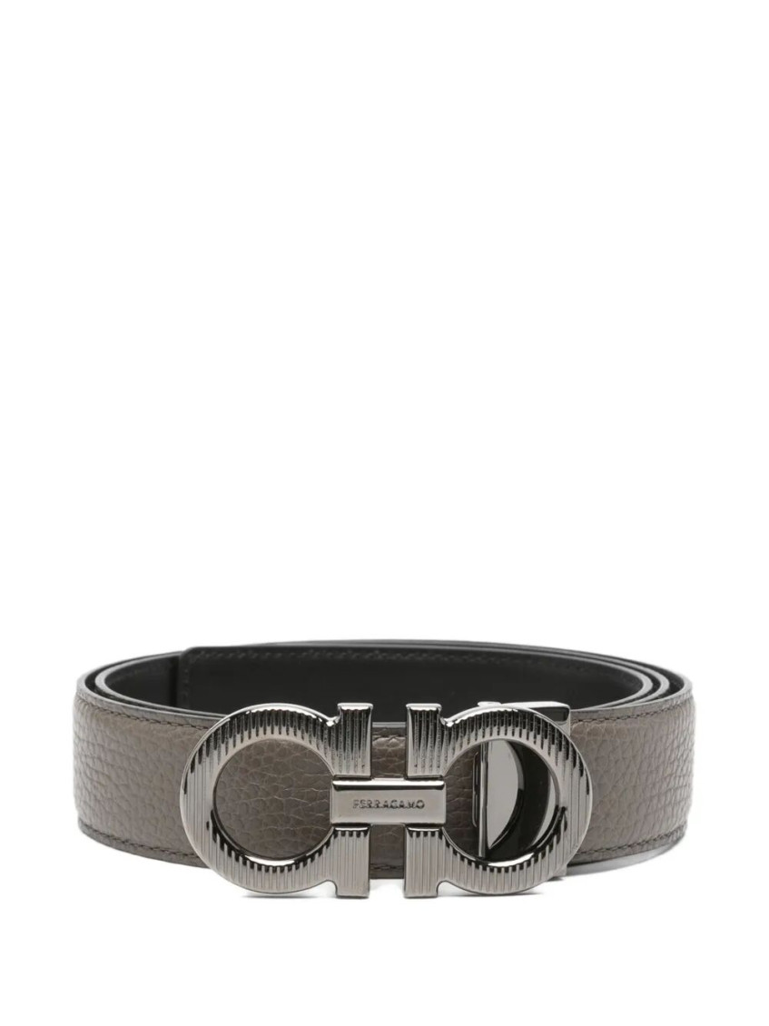 Ferragamo Reversible Leather Belt With Textured Metal Buckle In Green