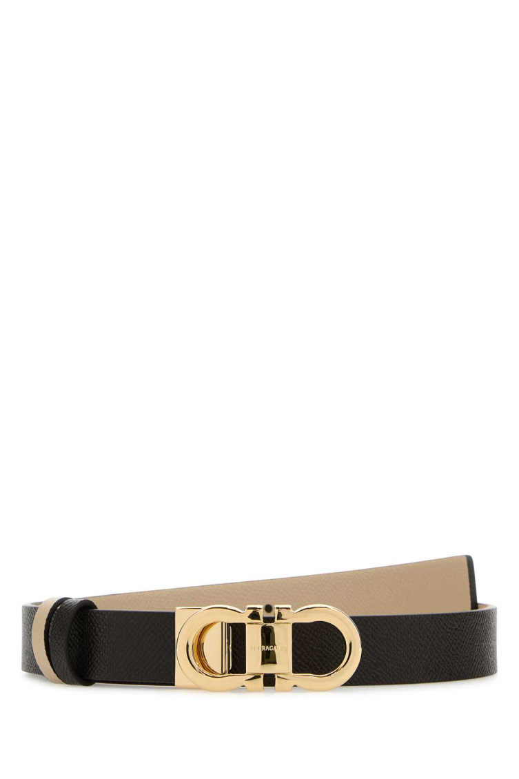 Ferragamo Leather Belt Reversible Adjustable Length Gold-tone Buckle In Black