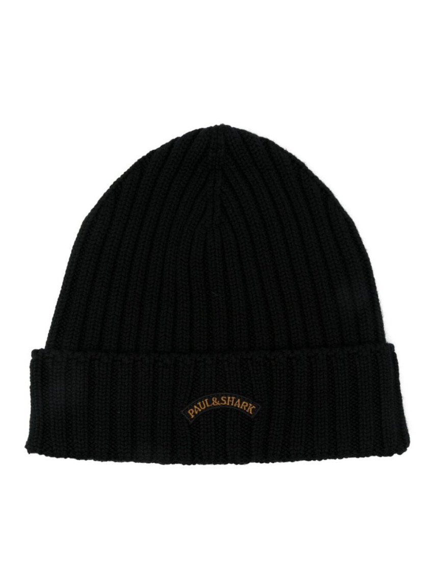 Paul & Shark Wool Ribbed Turn-up Brim Hat In Black