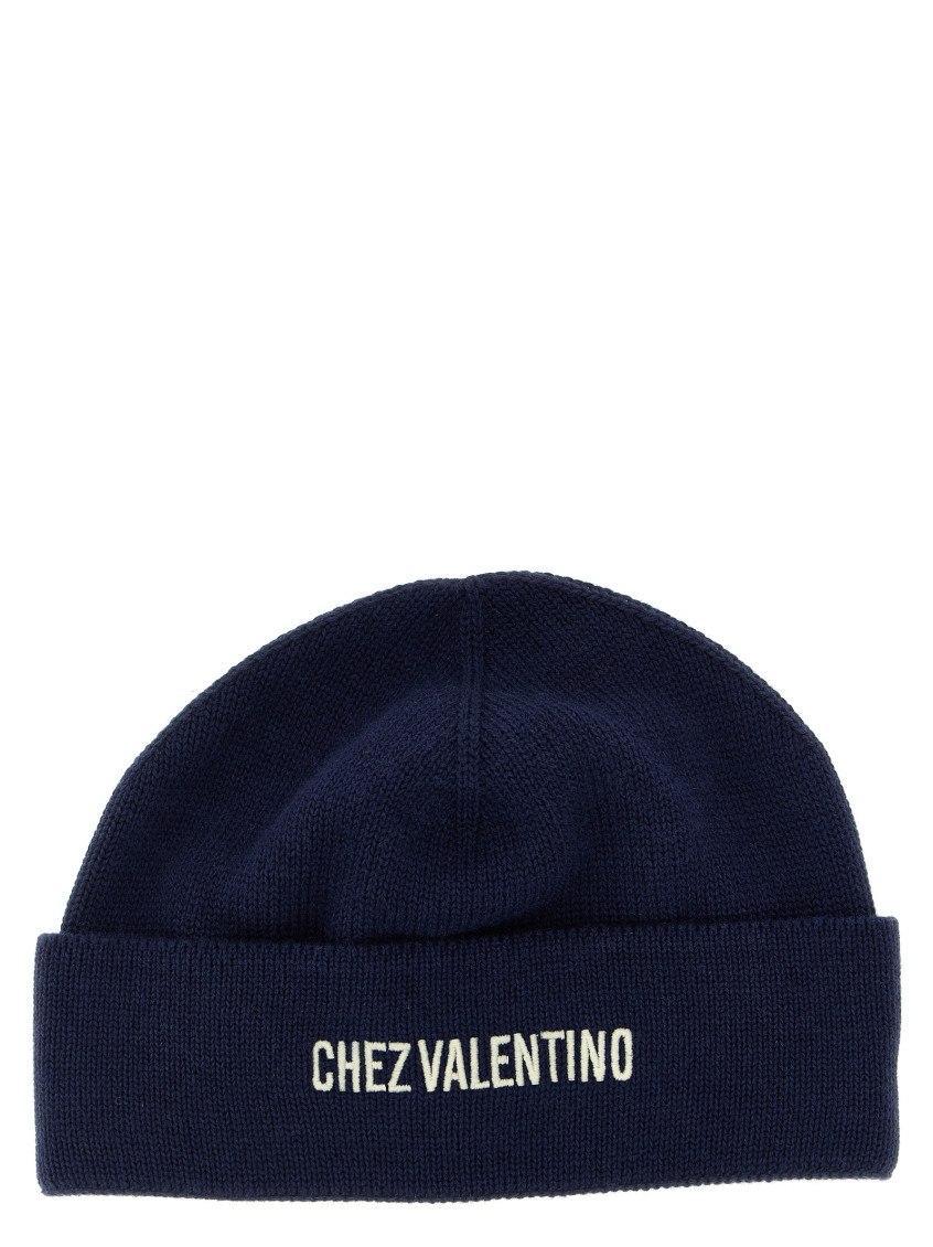 Valentino Cotton And Wool Blend Beanie With Turn-up Brim In Blue