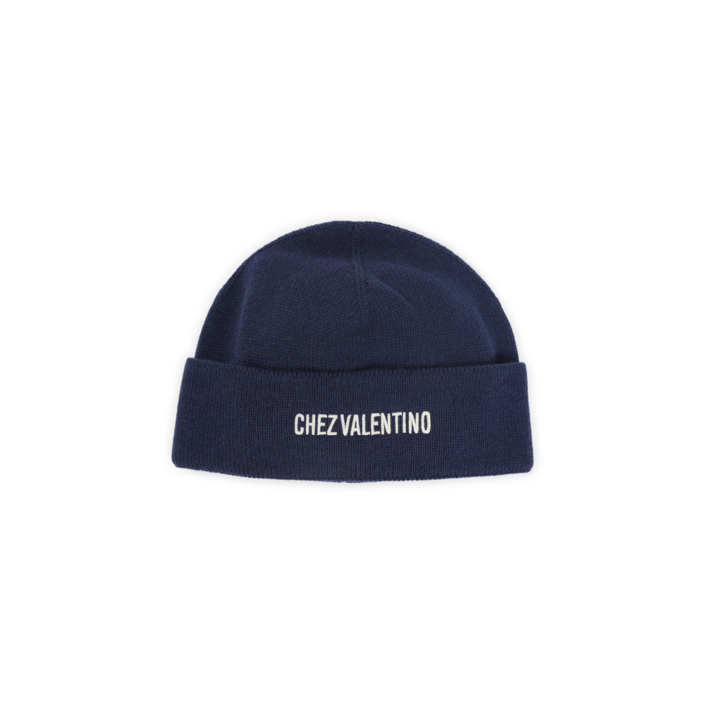 Valentino Cotton And Wool Blend Beanie With Turn-up Brim In Blue