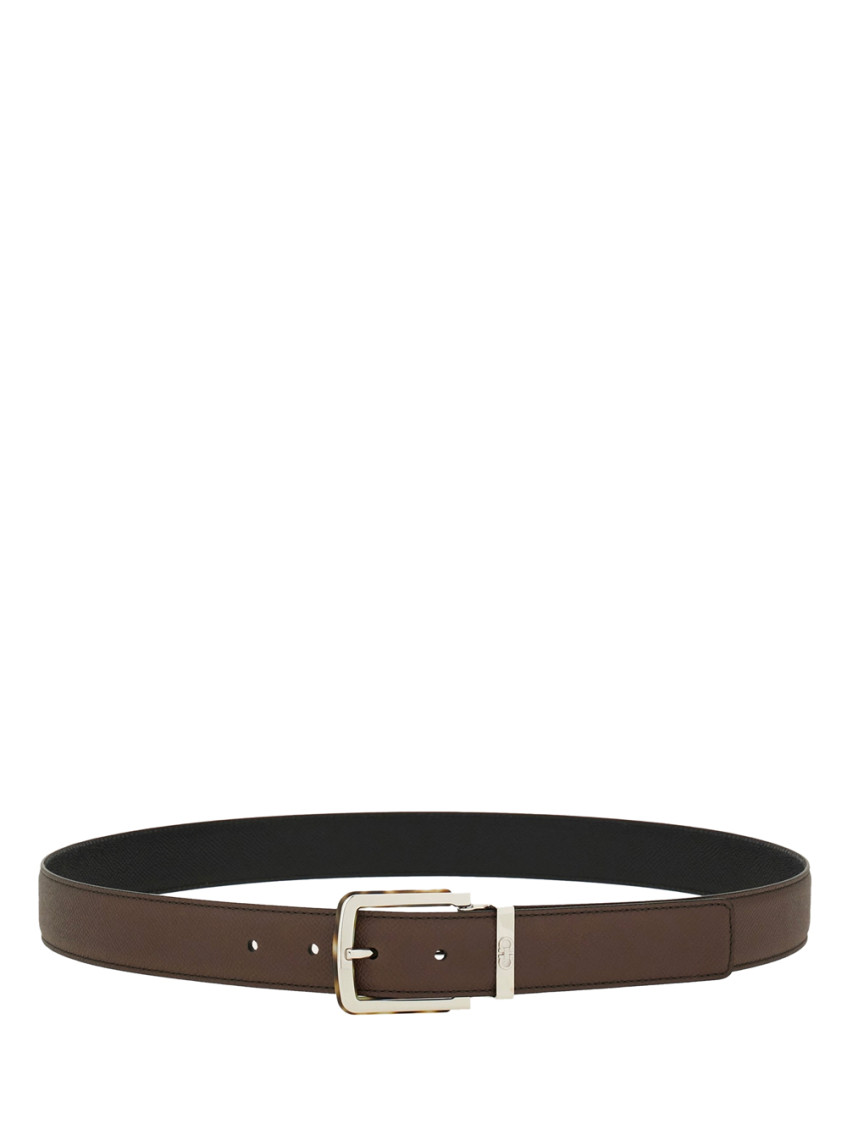 Ferragamo Two-tone Reversible Belt With Tortoiseshell Resin Edge Buckle In Brown