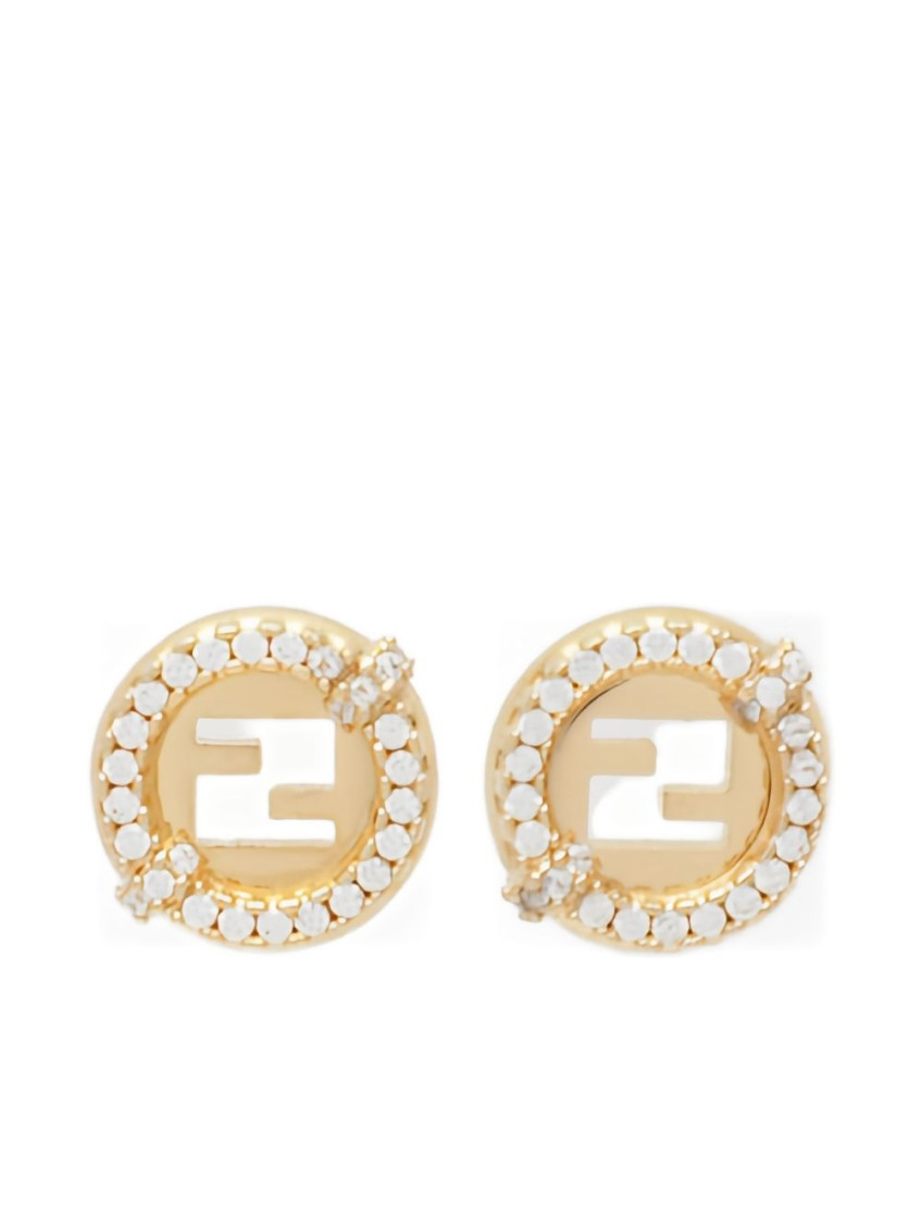 Fendi Ever Round Stud Earrings With White Crystal Bezels Accessories In Gold