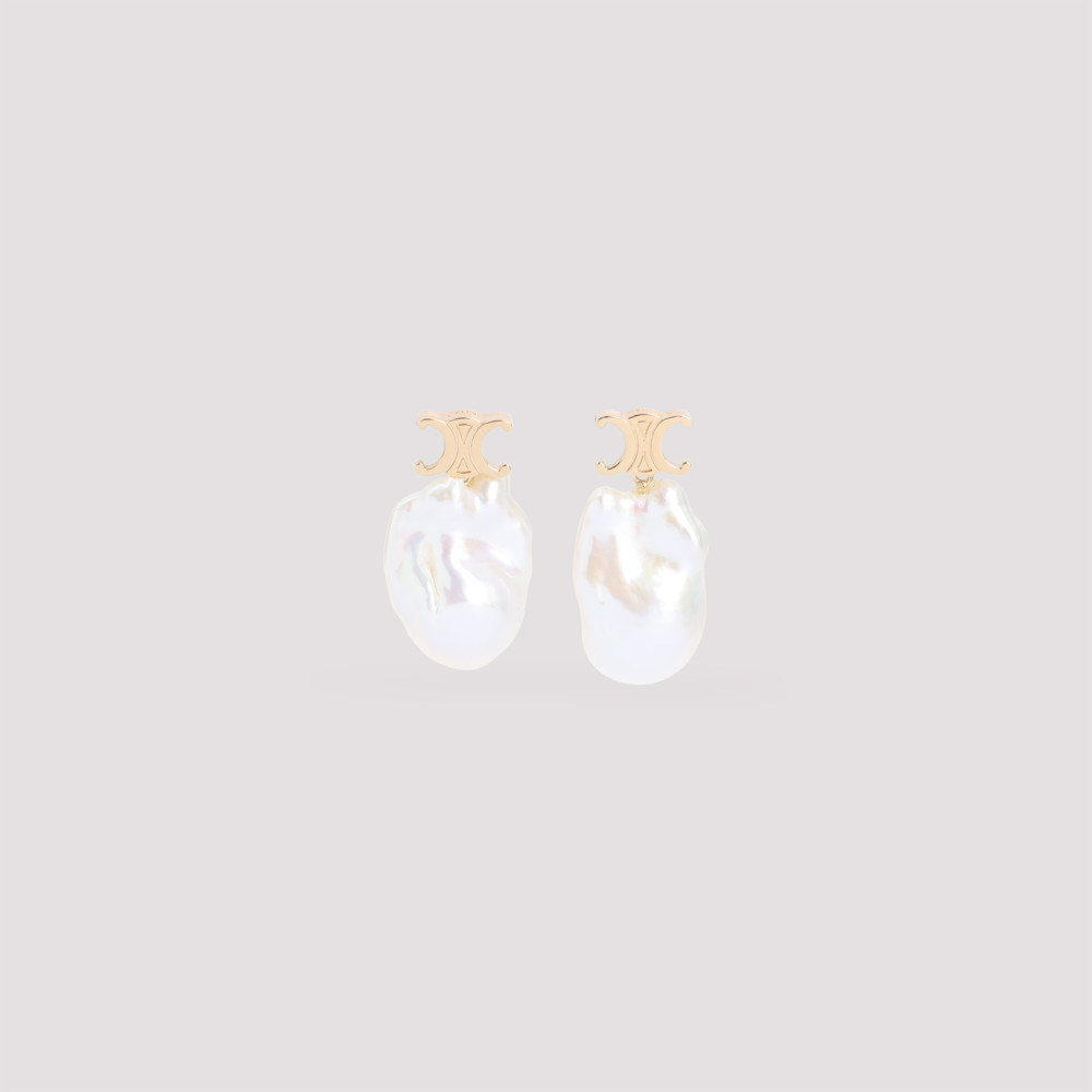 Celine Golden Signature Pearl Drop Earrings In Metallic