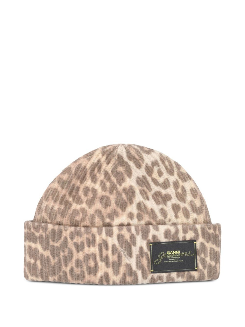 Ganni Women Wool Hat With Leopard Pattern