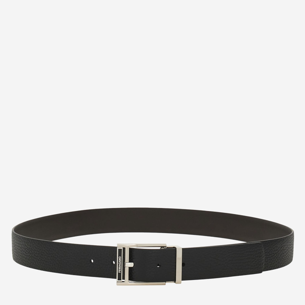 Ferragamo Square Buckle Reversible And Adjustable Grained Leather Belt In Black