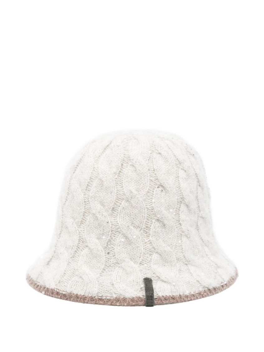Brunello Cucinelli Cable Knit Wool Cloche Hat With Sequin Embellishments In White