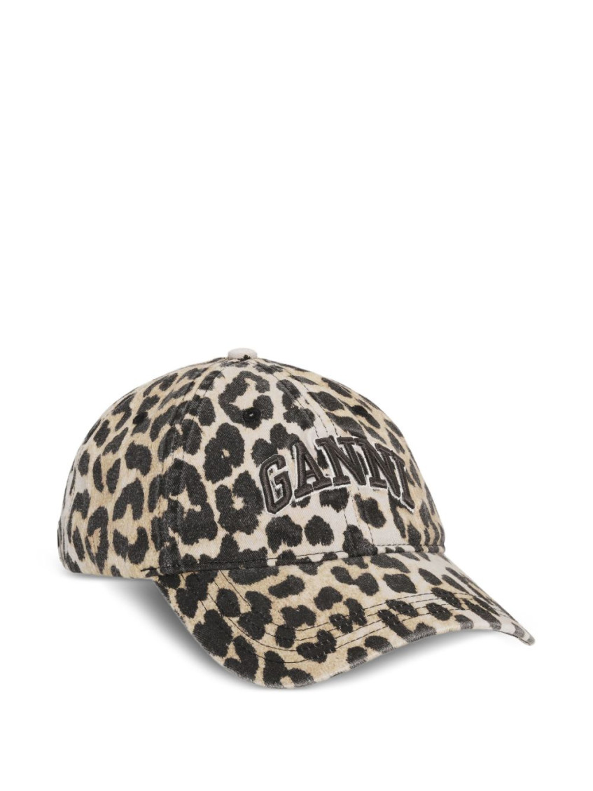 Ganni Womens Leopard Logo-embroidered Animal-printorganic-cotton Cap In Black