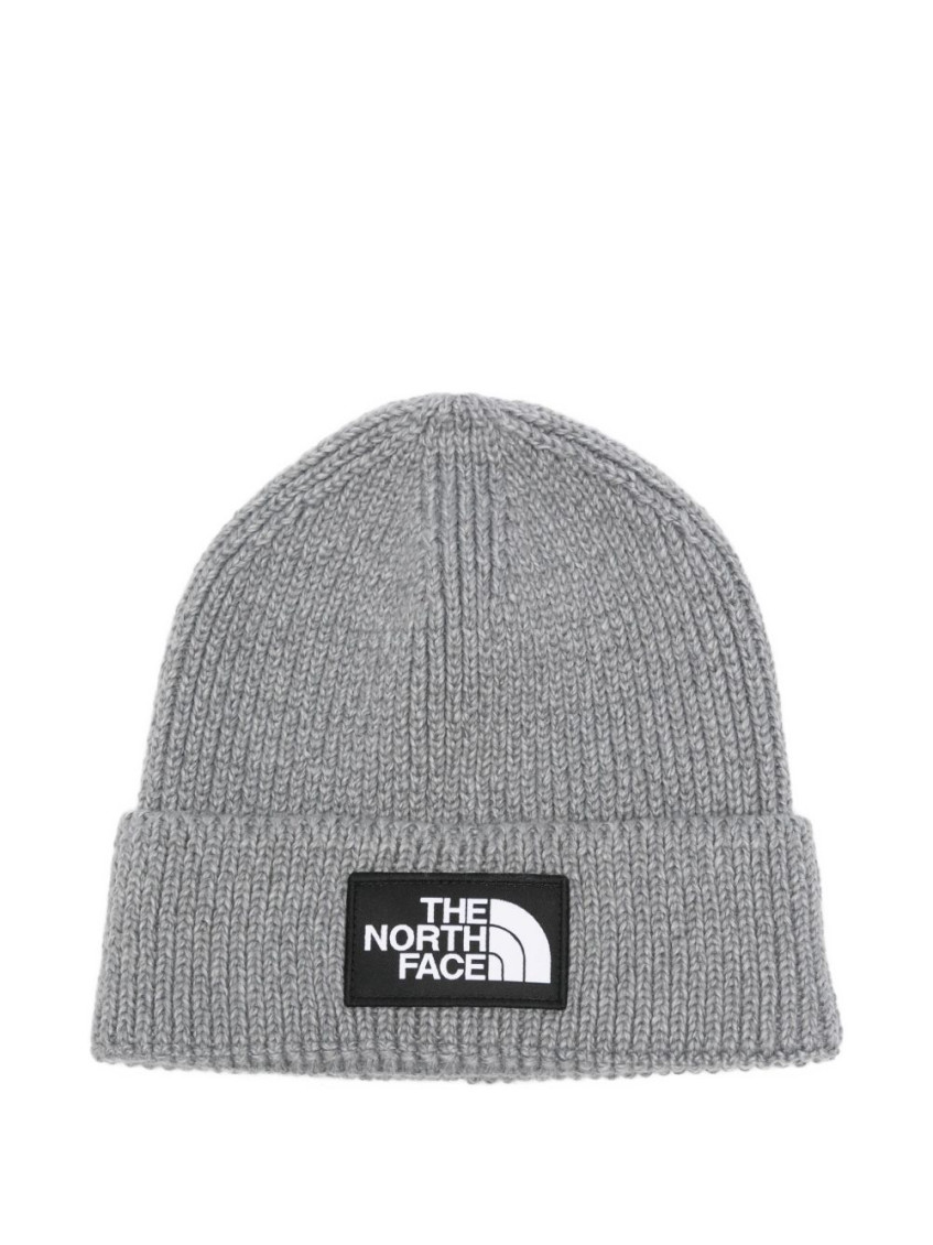 The North Face Grey Logo Patch Beanie Hat In Gray