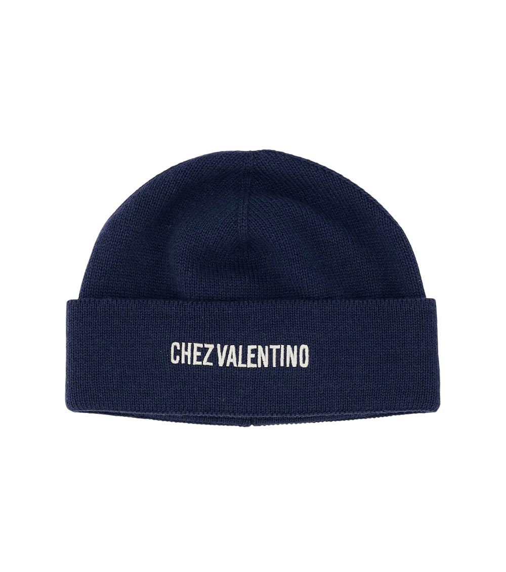 Valentino Cotton And Wool Blend Beanie With Turn-up Brim In Blue