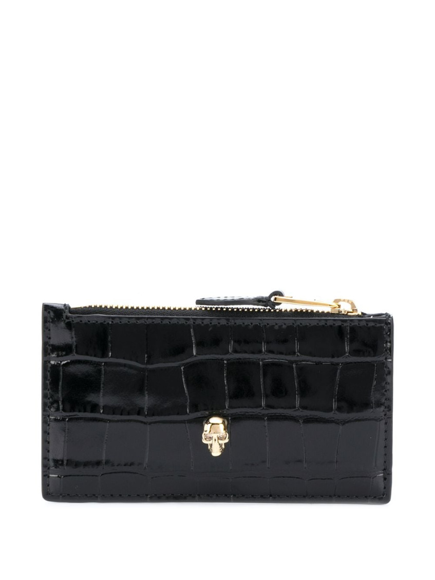 Alexander Mcqueen Alexander Mc Queen Skull Zip Crocodile Effect Leather Credit Card Case In Black