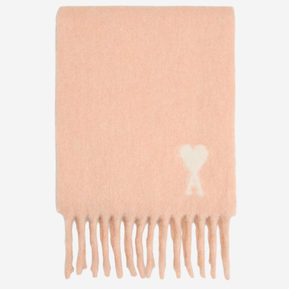 Ami Alexandre Mattiussi Fringed Rectangular Scarf In Soft Powder Pink With Jacquard Detail In Burgundy