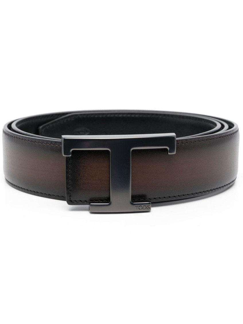Tod's Brown Leather Belt With Prominent Logo Buckle In Dark Brown