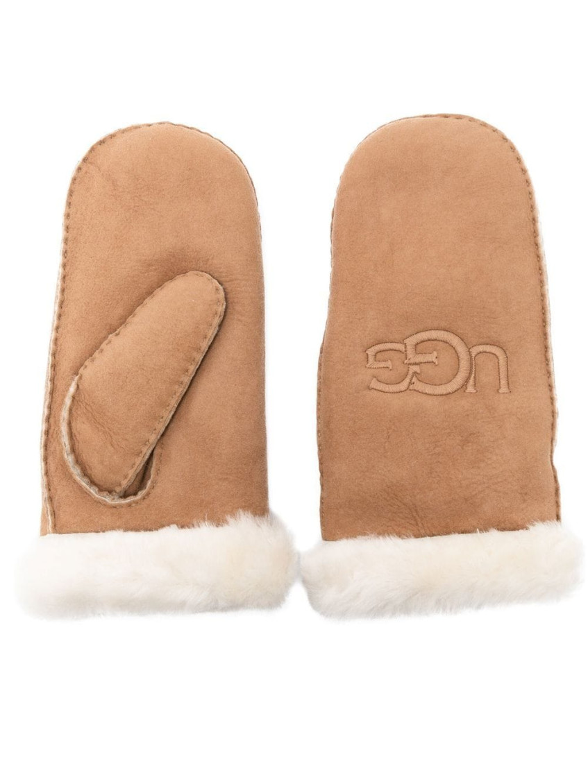 Ugg Brown Embroidered Logo Mitten Gloves In Brown