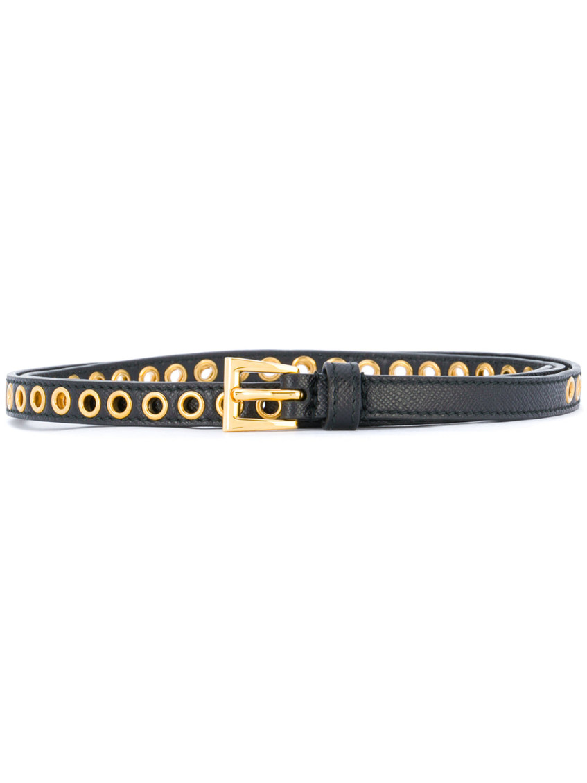 Prada Black Skinny Eyelet Embellished Belt for Women Online  display picture 1