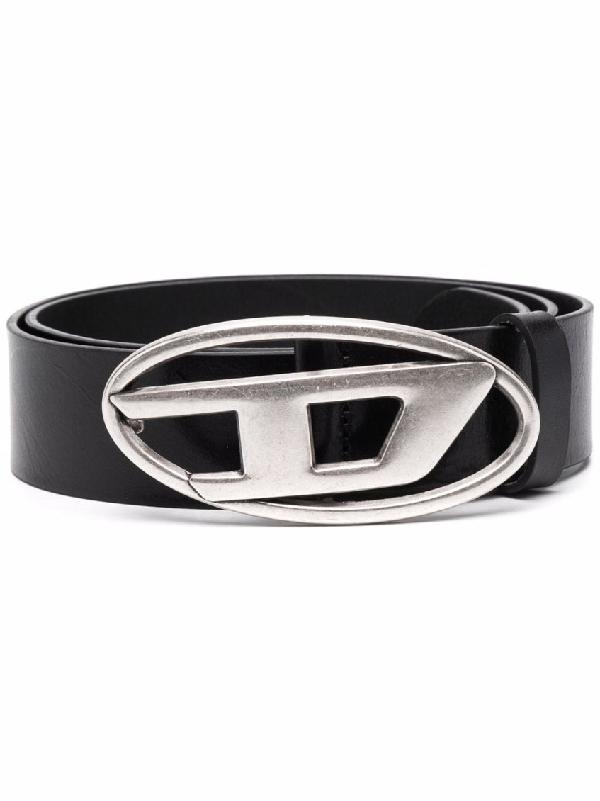 Diesel Black Belt With Oval D Logo Buckle Closure In Leather Man In Black