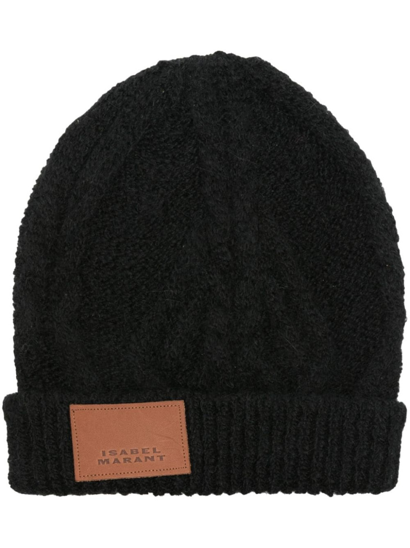 Shop Isabel Marant Black Logo Patch Beanie Hat