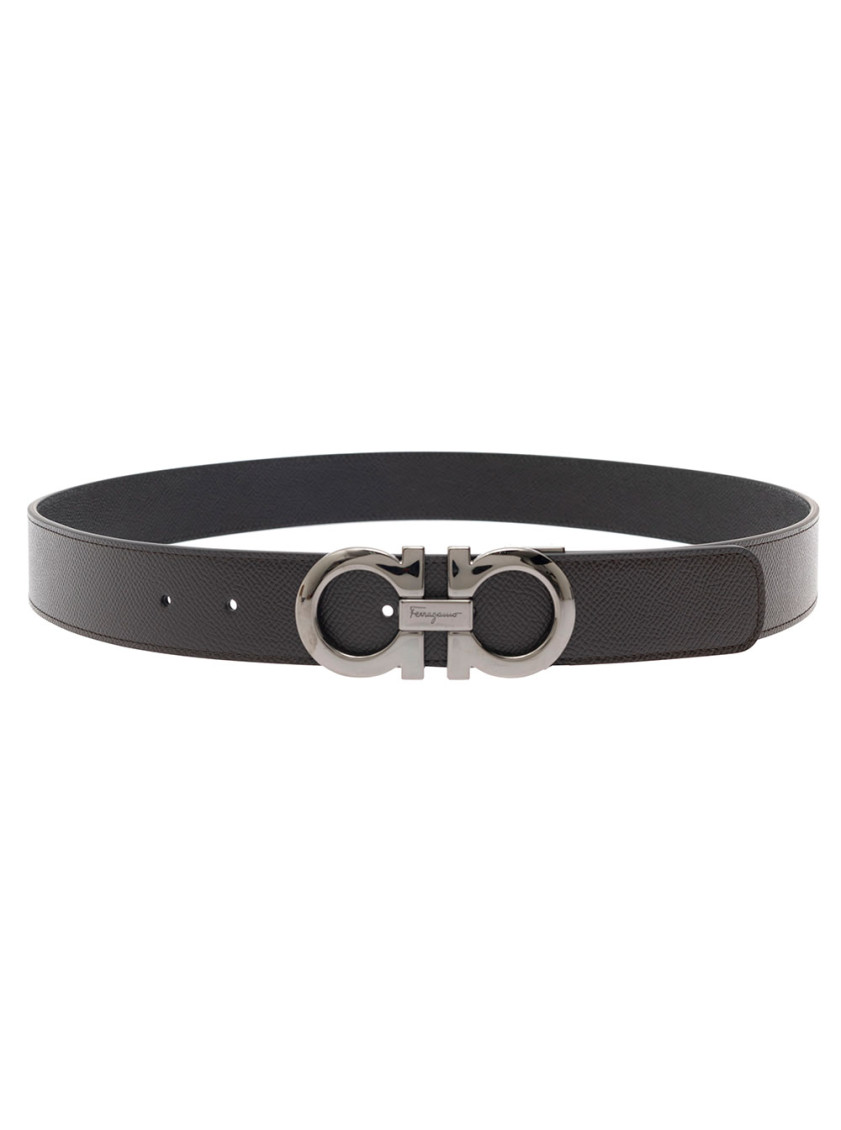 Ferragamo Adjustable Reversible Textured Buckle Belt In Black