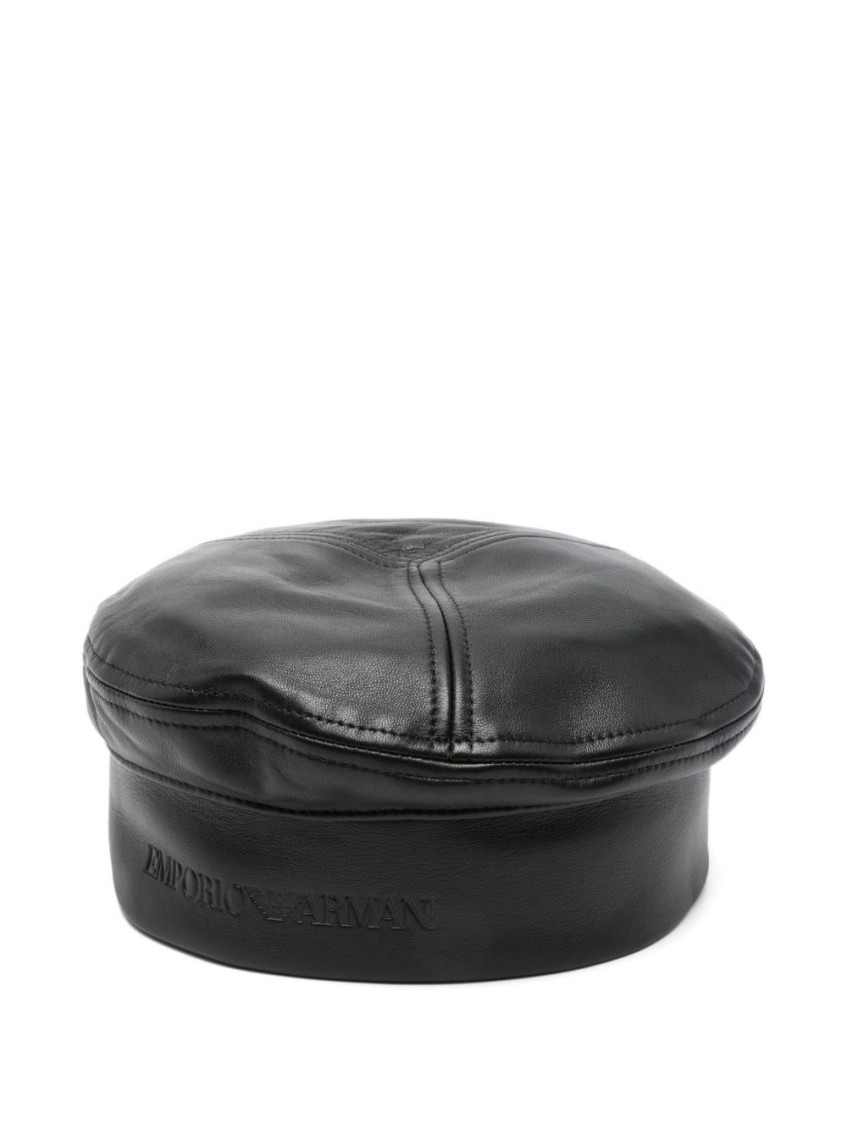 Emporio Armani Leather Panelled Basque Hat With Stitched Panels In Black
