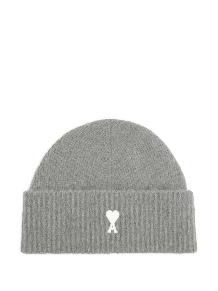 Ami Alexandre Mattiussi Grey Textured Logo Beanie Hat In Gray