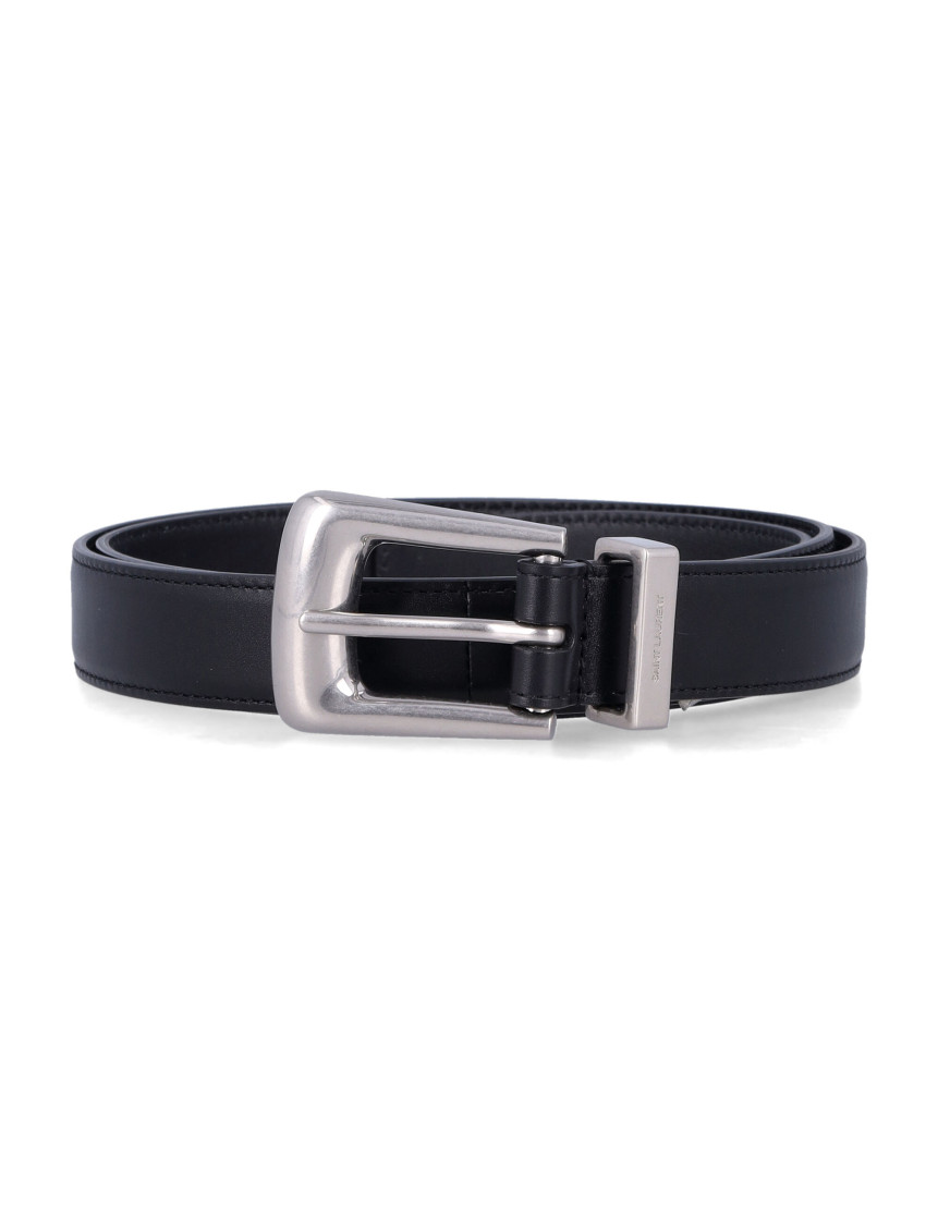 Saint Laurent Adjustable Folk Buckle Belt With Metal Finish In Black