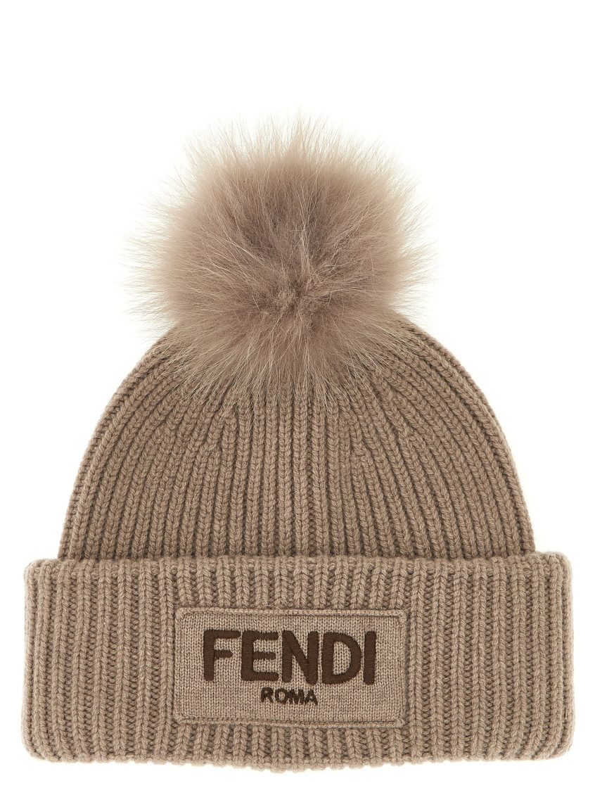 Fendi Grey Pompon Embroidered Logo Beanie Hat In Brown