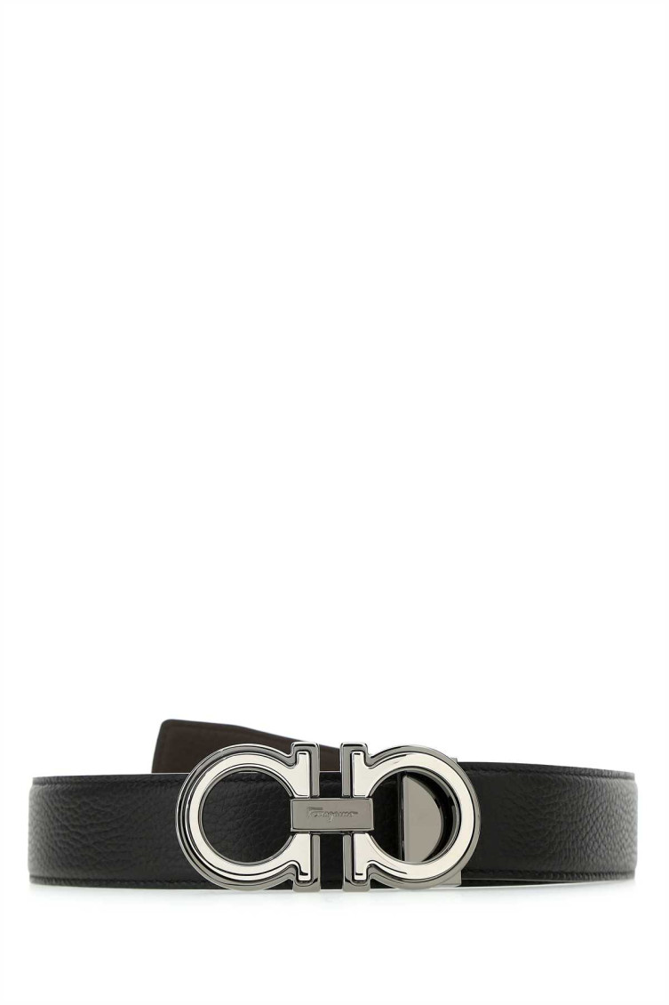 Ferragamo Adjustable Reversible Leather Belt With Textured Finish In Black