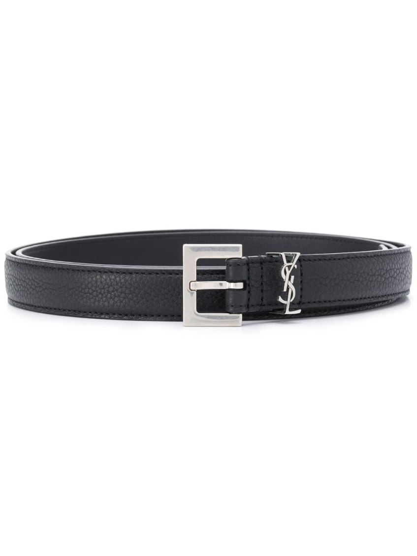 Saint Laurent Grained Leather Cassandre Thin Belt With Square Buckle Accessories In Black