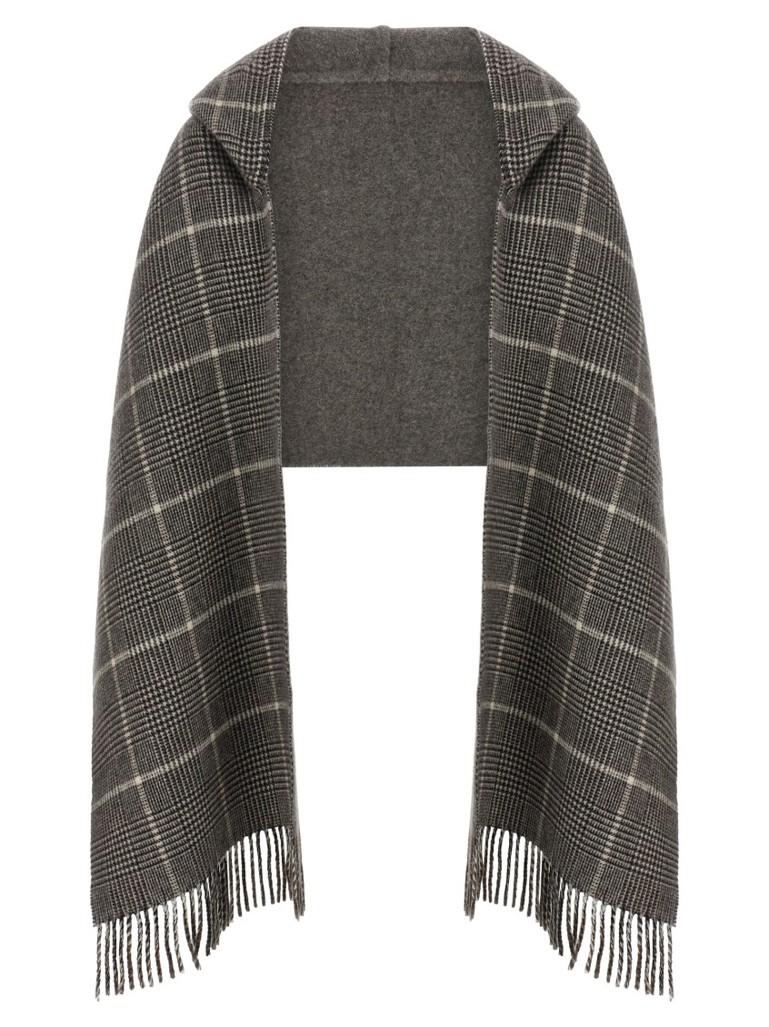 Brunello Cucinelli Checked Pattern Hooded Scarf With Fringed Edges In Gray