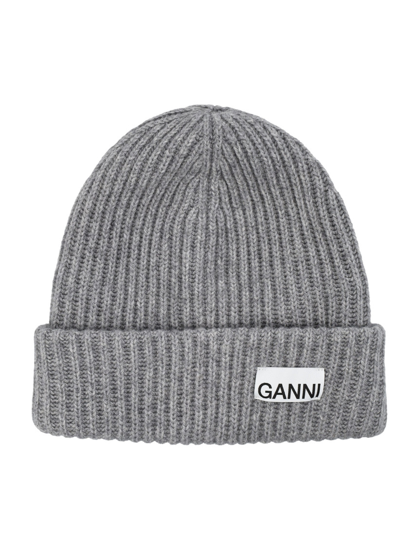 Ganni Melange Grey Logo Beanie In Grey
