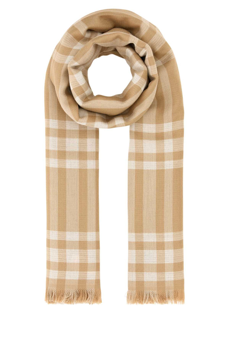Burberry Woman Embroidered Wool Blend Scarf In Light Brown