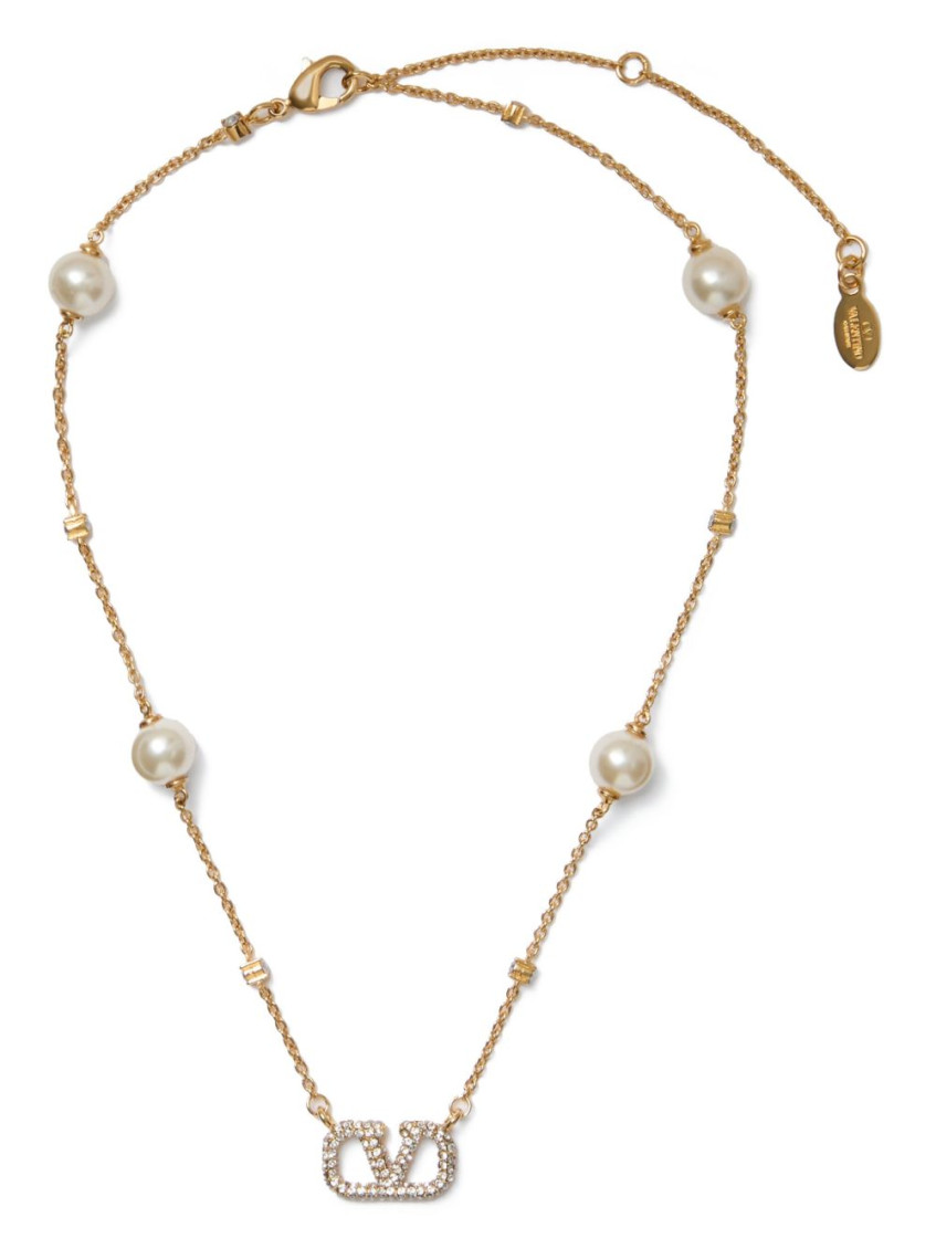 Valentino Garavani Women Vlogo Necklace With Pearls And Swarowski Crystals In Golden