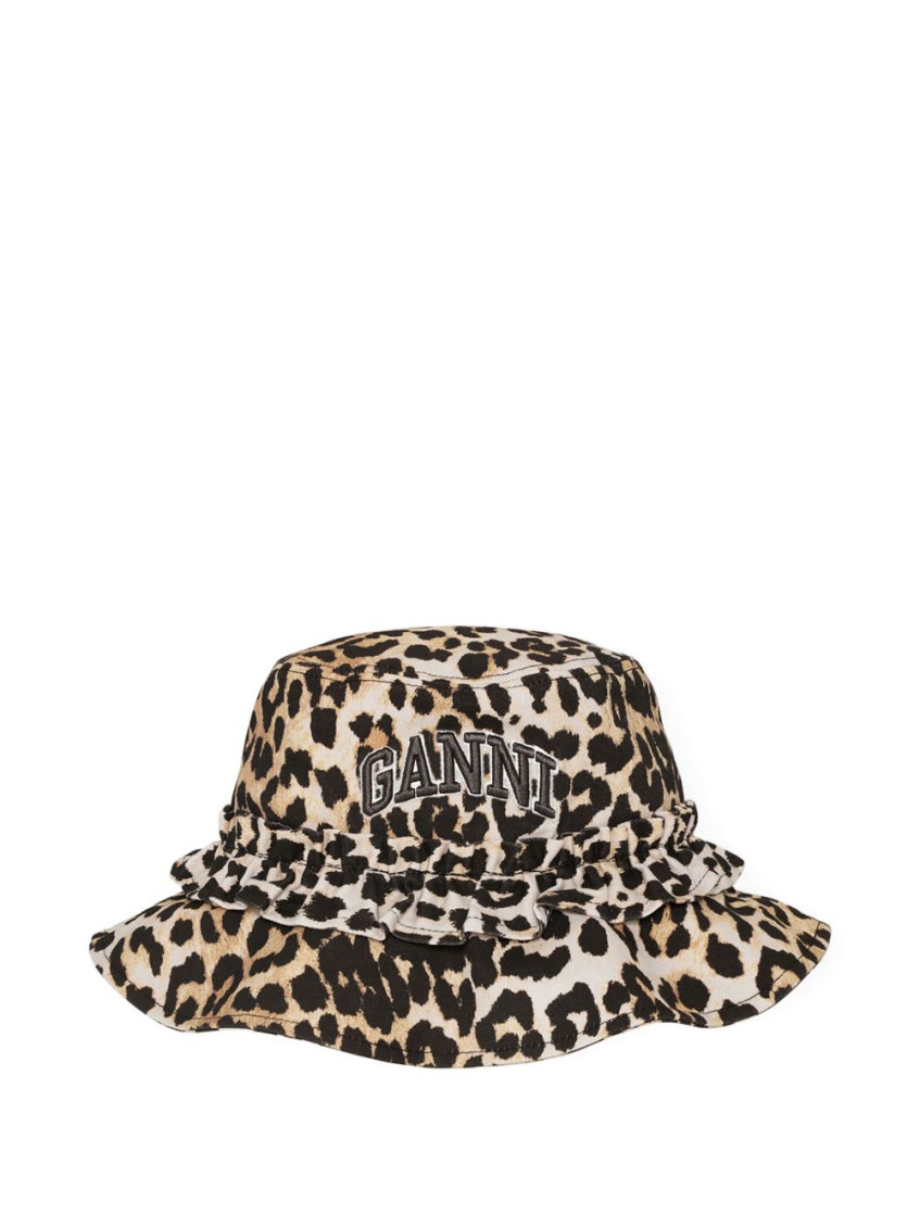 Ganni Leopard Print Canvas Bucket Hat In Brown