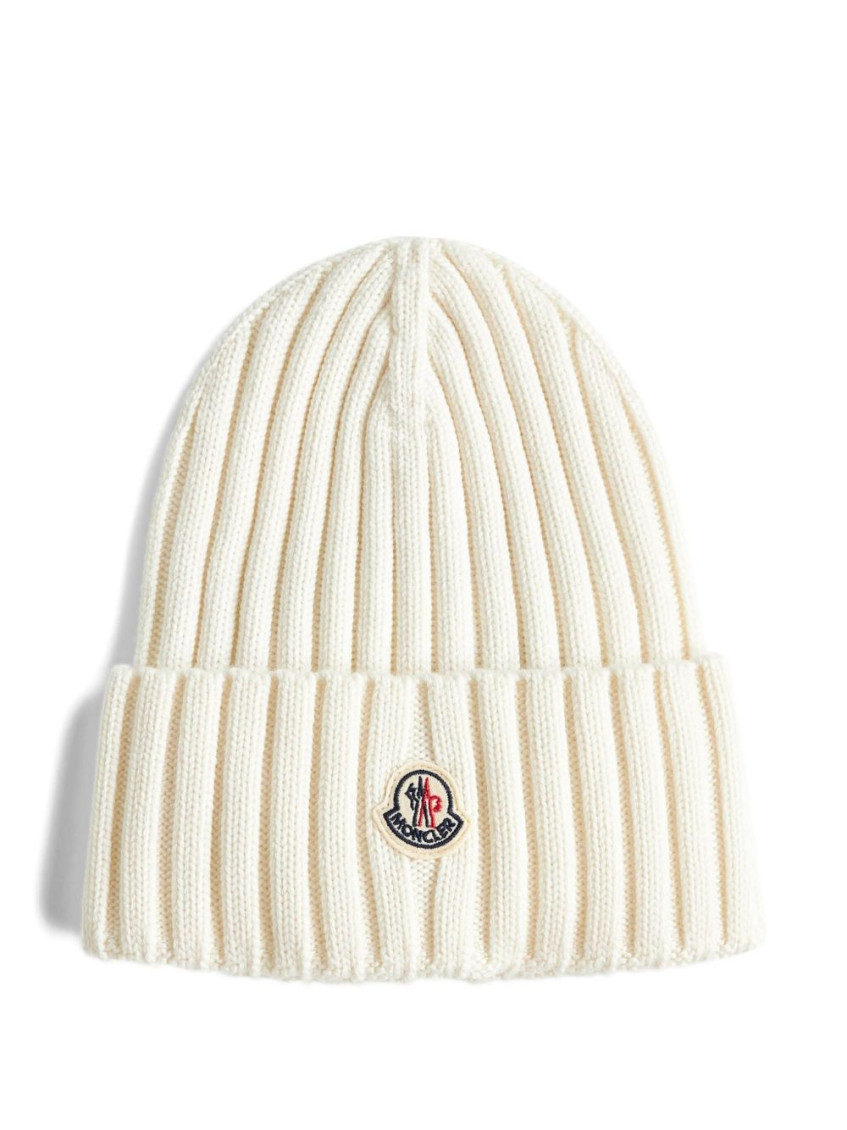 Moncler Logo Wool Beanie With Turn-up Brim In Neutral