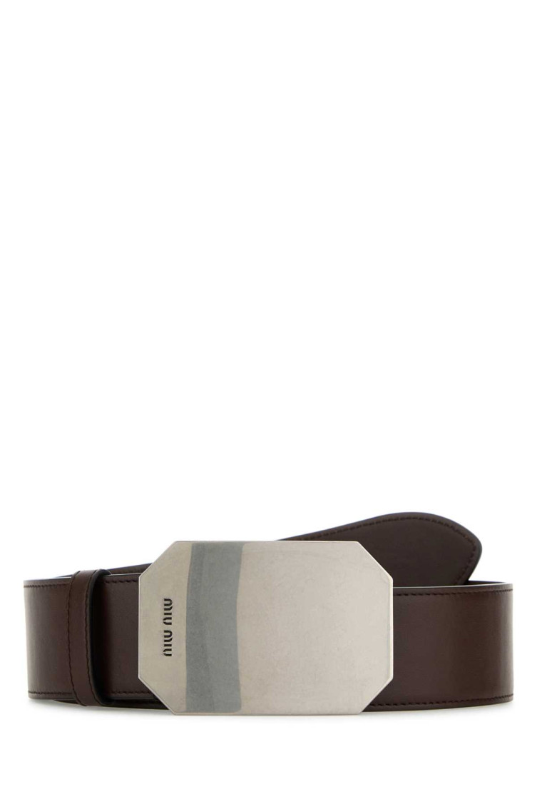 Miu Miu Leather Belt With Adjustable Length And Rectangular Buckle In Brown