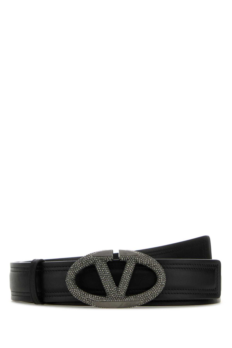 Shop Valentino Black Crystal Vlogo Buckle Belt