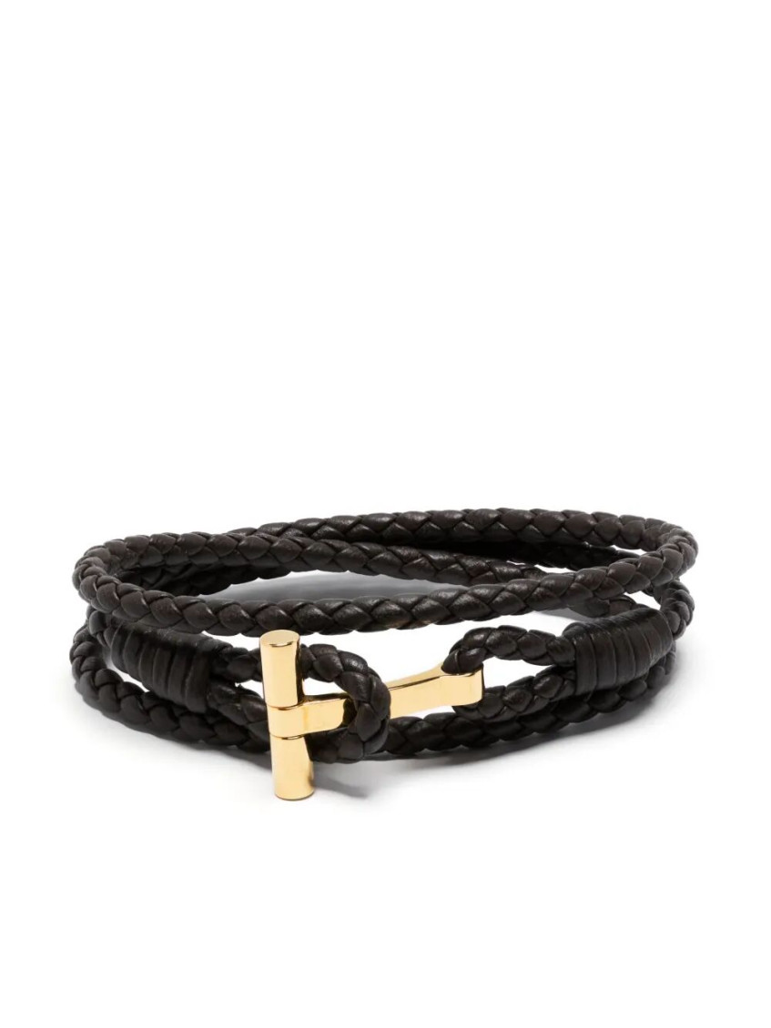 Tom Ford Leather T-plate Woven Bracelet With Braided Pattern