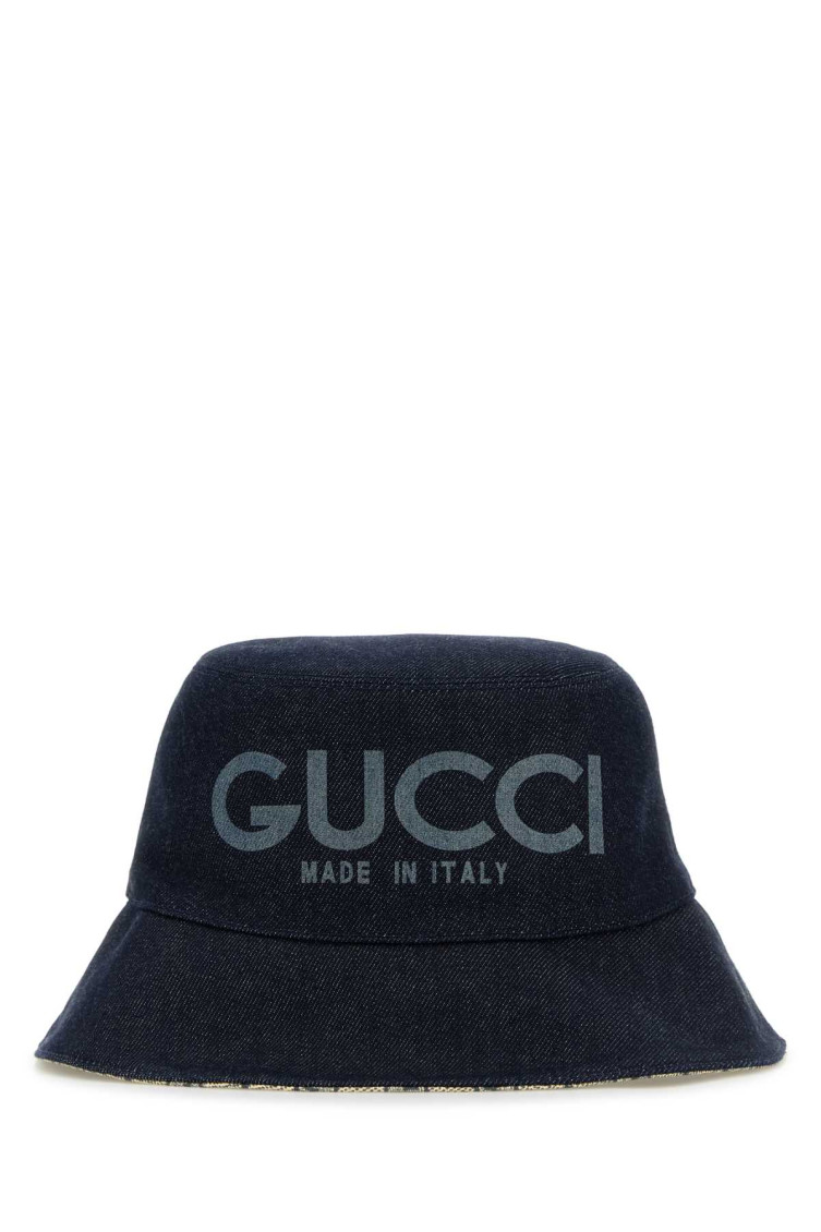 GUCCI DARK BLUE DENIM LOGO BUCKET HAT