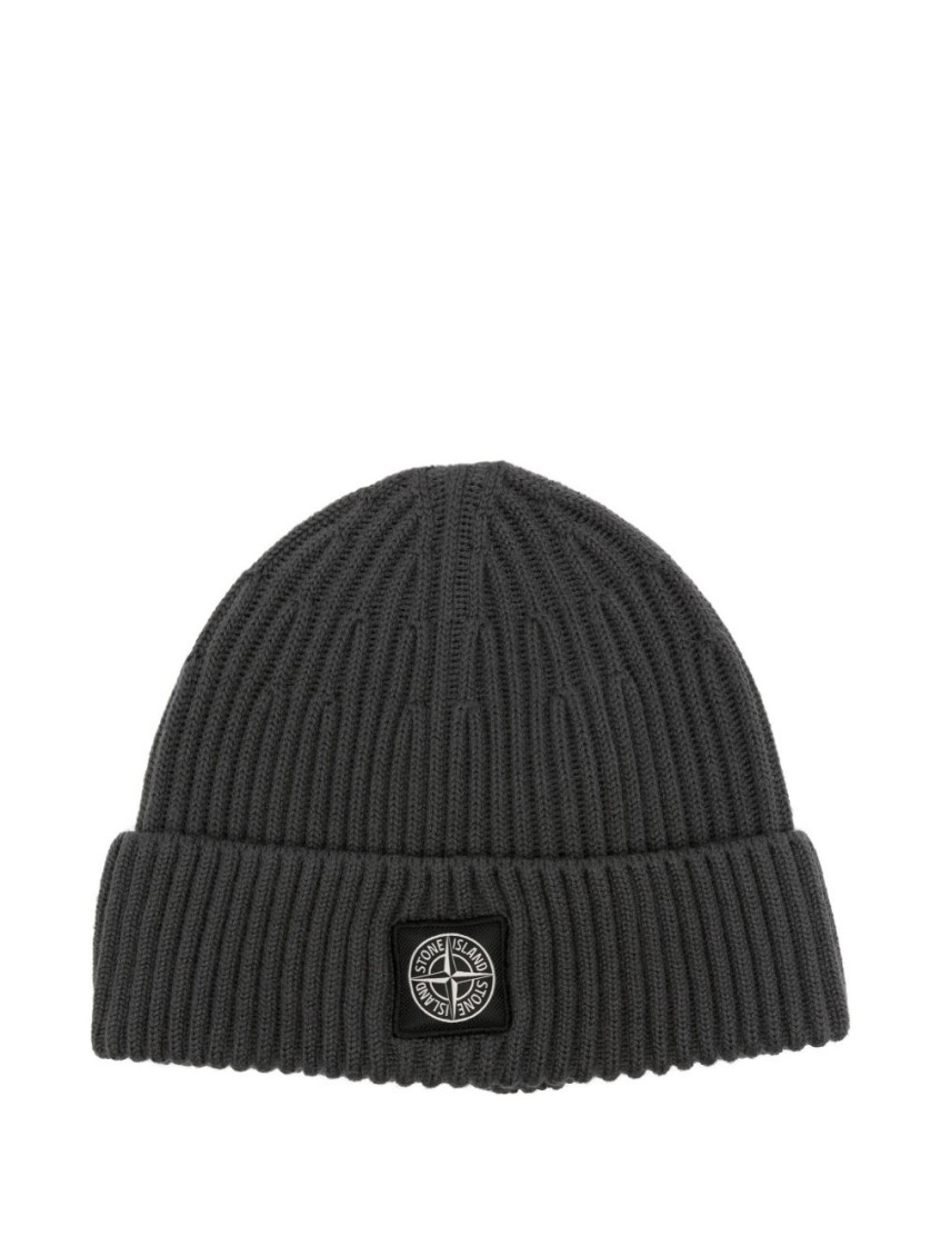 Stone Island Full Rib Rws Wool Beanie With Compass Logo Patch In Gray