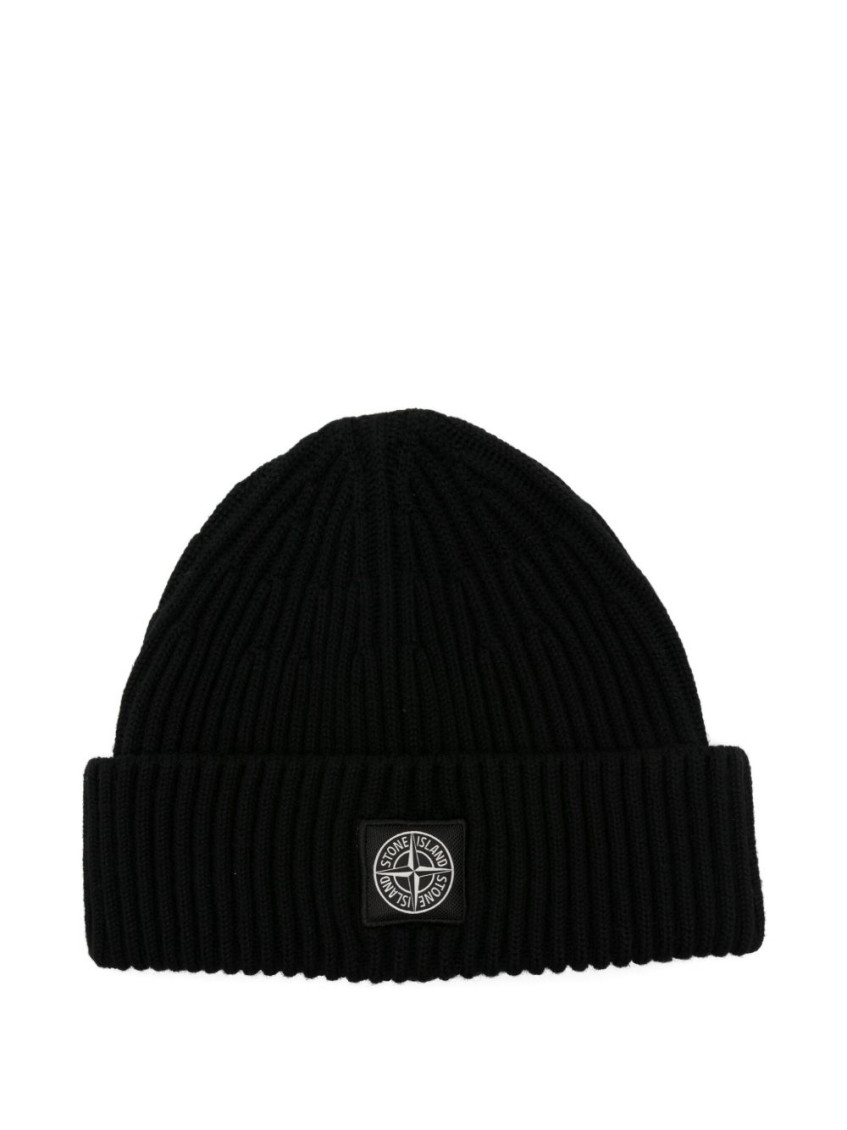 Stone Island Ribbed Knit Beanie With Compass Logo Patch In Black