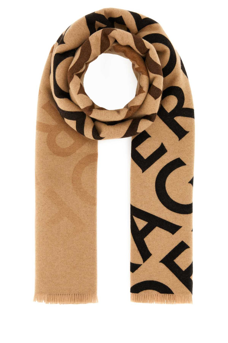 Ferragamo Wool Blend Reversible Embroidered Scarf With Fringed Edges In Beige