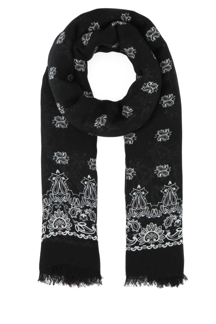 Saint Laurent Exquisite Scarf With Intricate Embroidery And Fringed Trim In Black