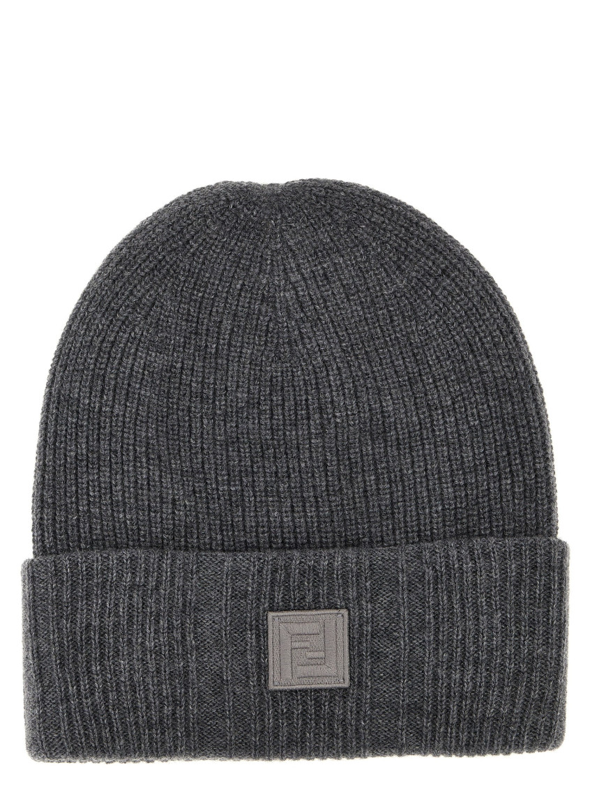 Fendi Logo Cap With Fold-over Cuff And Ribbed Texture In Grey