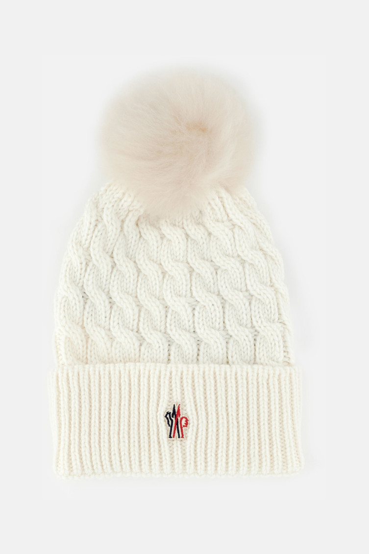 Moncler Ivory Virgin Wool Hat With Pompom In Brown