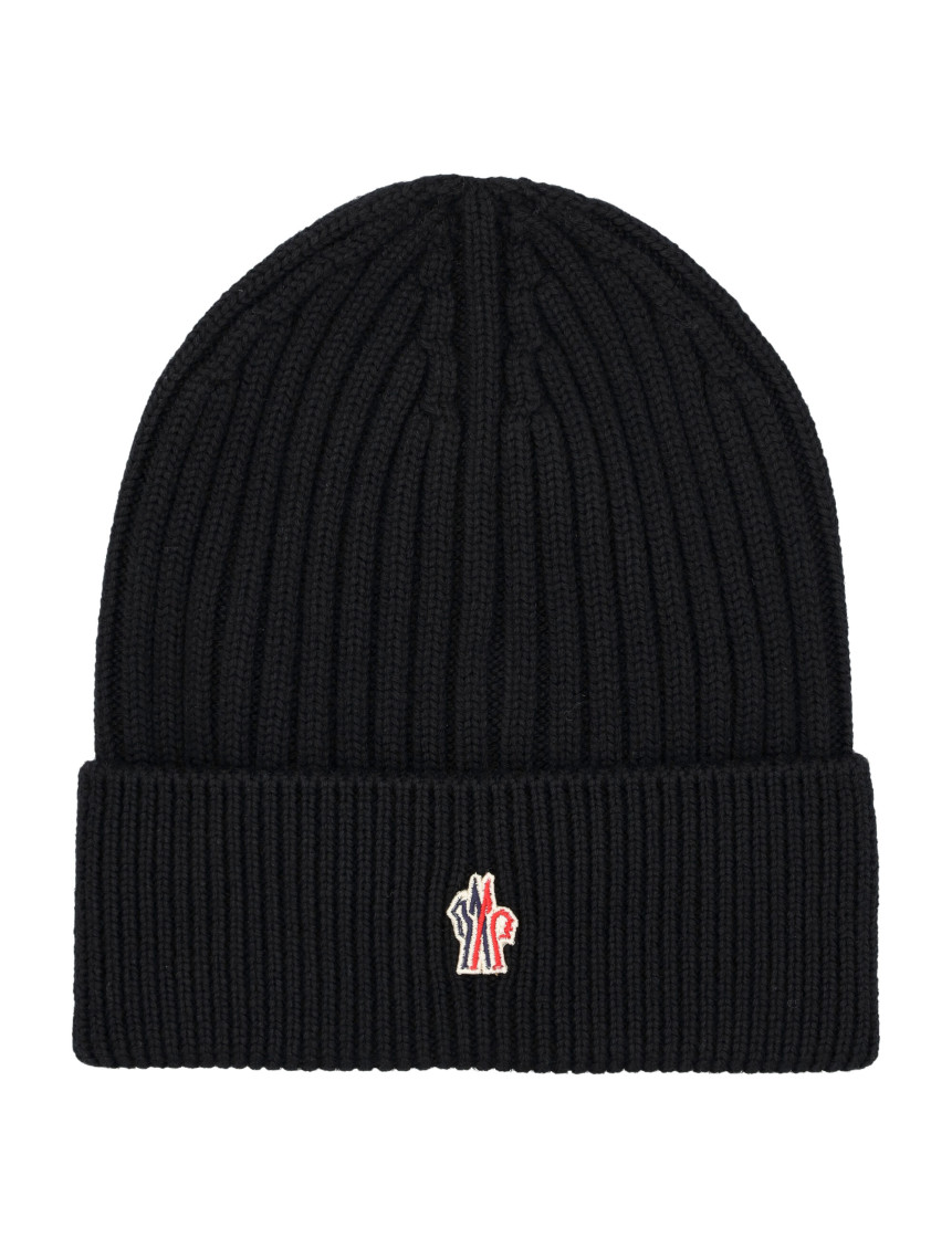 Moncler Black Logo Beanie Hat In Brown